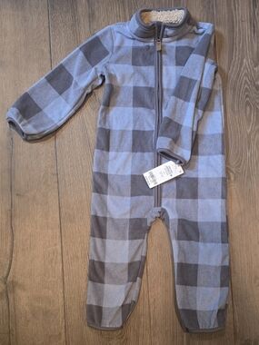 NWT Carter's Plaid Fleece Coverall Zip One-Piece Gray/Light Blue 24m